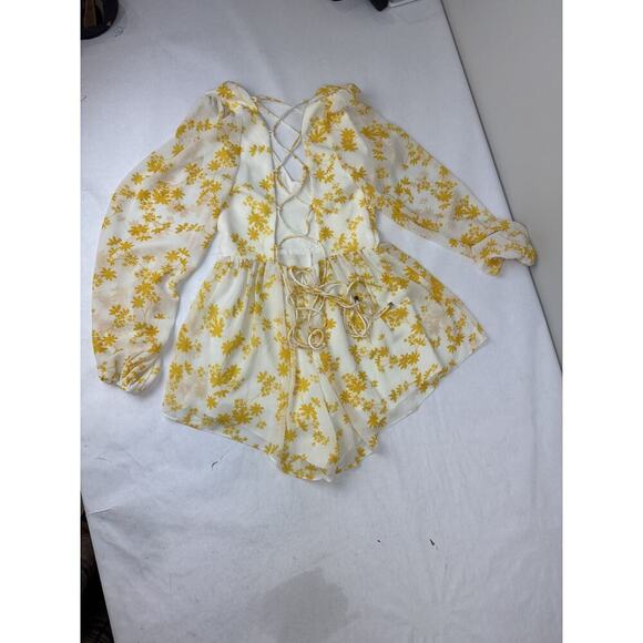 Y2K Tie-Back Show Po Yellow Floral Print Romper Jumpsuit Australia Yellow Small - Picture 7 of 9